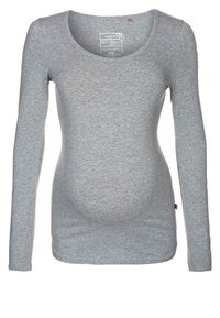 Gray long-sleeve maternity top, made of soft fabric, features a rounded neckline and a fitted shape for accommodating a growing belly.