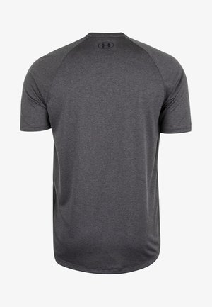 Camiseta cinza de manga curta com decote redondo e mangas raglan. Apresenta um pequeno logótipo nas costas, feita de um tecido suave.