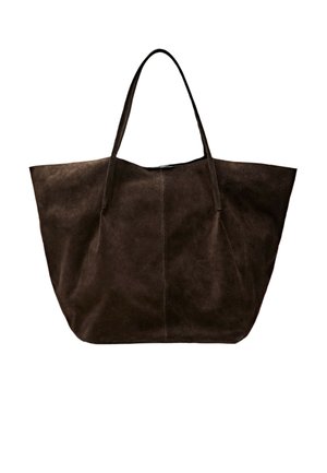 Sac cabas en daim marron foncé avec deux bretelles et un design minimaliste sur fond blanc.