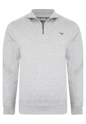 Grå sweatshirt med lynlås ved halsen lavet af blødt stof. Har lange ærmer, ribbede manchetter og kant. Lille logo-detail på brystet.