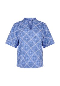 Blaues kurzärmeliges Hemd mit Stehkragen, das ein geometrisches weißes Muster aufweist, eine weiche Textur hat und eine Schlüsselöffnung am Ausschnitt besitzt.