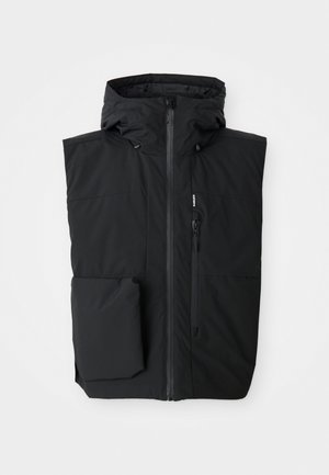 Zwarte gewatteerde vest met capuchon, voorzien van een rits aan de voorkant, twee zijzakken en een borstzak. Gemaakt van duurzaam, geïsoleerd materiaal.