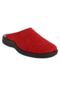 Red felt slip-on shoe with a rounded toe and black rubber sole. Soft texture and minimalistic design with no visible hardware or accents.