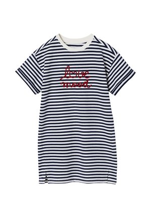 Marineblaue und weiße gestreifte kurzärmelige Kleid mit weißem Kragen und rotem, kursiv geschriebenem "love mood"-Schriftzug auf der Brust.