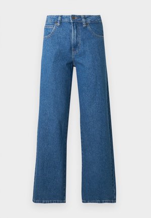 Blue high-waist wide-leg jeans with front pockets, belt loops, button closure, and visible stitching on a white background.