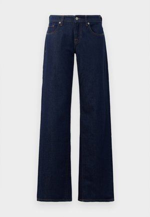 Jeans évasés en denim bleu foncé, dotés d'un design classique à cinq poches, de coutures cuivrées et d'une fermeture par bouton à la taille.