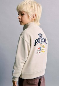 Bež pulover z visokim ovratnikom, na hrbtni strani z napisom "PAW PATROL" in risanimi liki psov. Mehka tekstura, sproščen kroj.