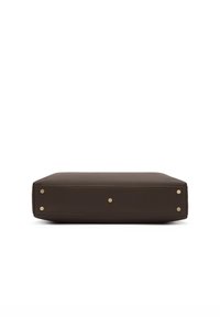 Brown leather rectangular bag with a textured surface, gold hardware accents, and four metal studs on the base for stability.