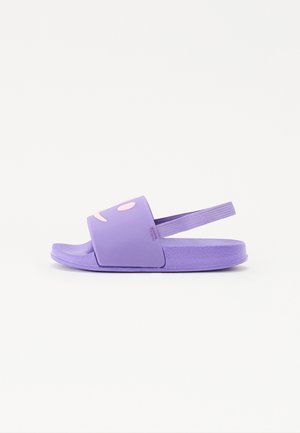 Purple slide sandals with a wide strap featuring pink accents. Made from smooth, durable material with a textured footbed and solid sole.