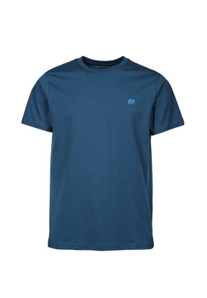 T-shirt en coton bleu à manches courtes avec un col rond et un petit logo d'éléphant brodé en bleu clair sur la poitrine gauche.