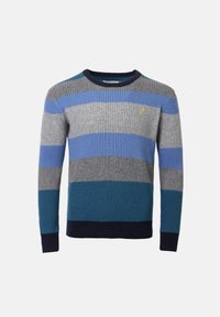 Suéter de punto con rayas horizontales en tonos de gris, azul y verde azulado, con textura de canalé y un cuello y puños en navy. Detalle de logo pequeño.