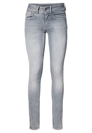 Ανοιχτό γκρι skinny τζιν με μπροστινές και πίσω τσέπες, θηλιές ζώνης, κλείσιμο με κουμπί και ξεθωριασμένες λεπτομέρειες στα μηρά και στα γόνατα.