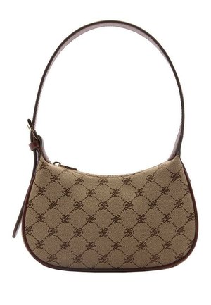 Beżowa torebka materiałowa z charakterystycznym brązowym wzorem logo, o zaokrąglonym kształcie i krótkim, gładkim skórzanym pasku. Wyposażona w zamek błyskawiczny.