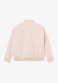 Lyserød bomberjakke med ribbet krave og manchetter, elastisk talje og en glat, tekstureret stoffinish.