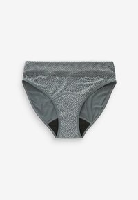 Grå undertøj med en blondekant i diamantmønster og et prikket design på forsiden. Sorte accenter på siderne.