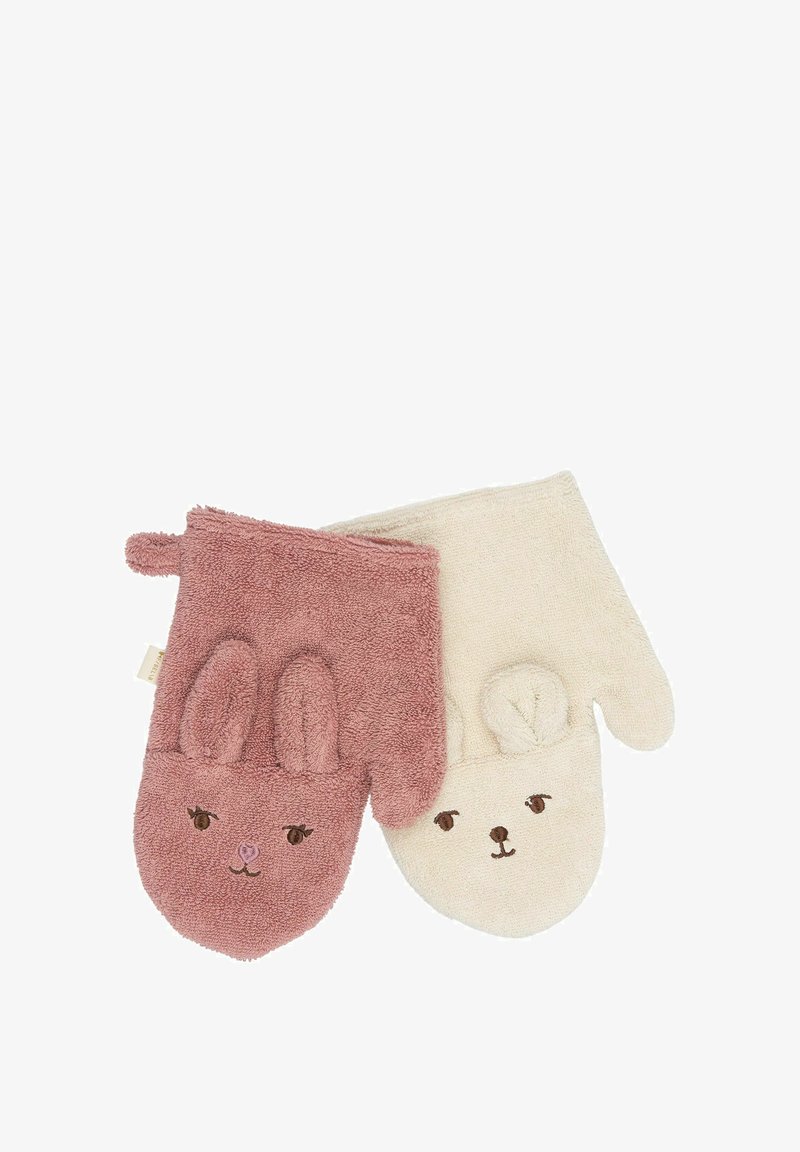 Dwie bawełniane rękawice: jedna w kolorze dusty rose z cechami królika, a druga w kolorze kremowym z cechami misia, obie mają fakturę z wypukłymi akcentami.