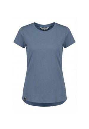 Damen-T-Shirt mit kurzen Ärmeln, blau, Rundhalsausschnitt, mit kleinem schwarzem Seitenschild und abgerundetem Saum, auf weißem Hintergrund dargestellt.