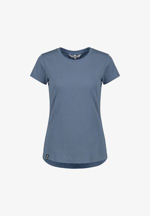 Blauw dames T-shirt met korte mouwen en ronde hals, voorzien van een klein zwart zijlabel en een afgeronde zoom, afgebeeld op een witte achtergrond.