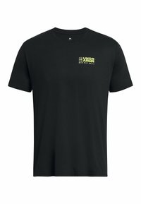 Camiseta de algodón negra con cuello redondo, con un logo verde que dice "UNDER ARMOUR BASKETBALL" en el área del pecho izquierdo.