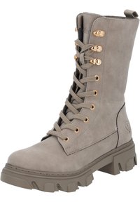 Szare zamszowe botki za kostkę z wiązaniem, mające złote oczka, wytrzymałą gumową podeszwę oraz zaokrąglony nosek. Posiadają wyściełany kołnierzyk i detal z logo po boku.