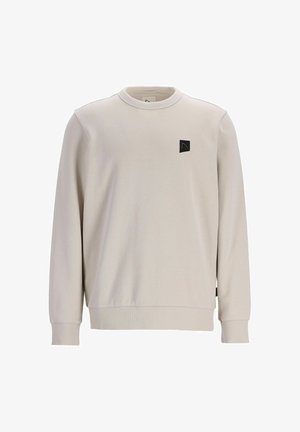 Svijetlosmeđi dukserica od mekog materijala, s okruglim izrezom, dugim rukavima, rebrastim narukvicama i malim crnim logotipom na prsima.