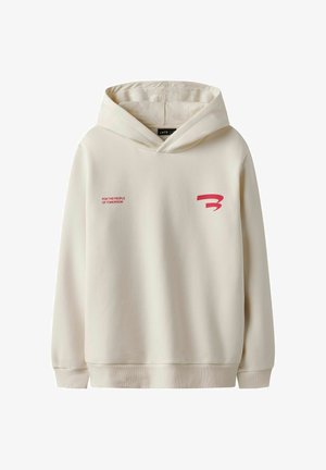 Cremefarbener Kapuzenpullover mit der Vorderseite-Aufschrift "FOR THE PEOPLE OF TOMORROW" und einem stilisierten roten "B"-Logo auf der Brust.