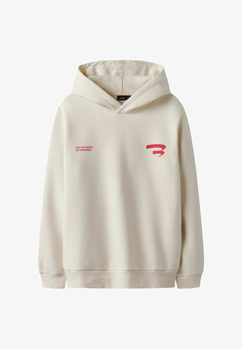 Sweat à capuche couleur crème avec le texte "FOR THE PEOPLE OF TOMORROW" sur le devant et un logo stylisé "B" rouge sur la poitrine.