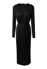 Schwarzes langärmeliges Kleid mit vertikalen Falten, in der Taille mit einem gebundenen Gürtel gerafft, versehen mit einem runden Halsausschnitt und einer geraden Silhouette.