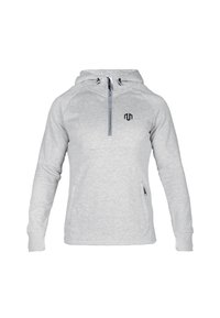 Felpa grigia chiara realizzata in tessuto morbido. Presenta un colletto con zip, maniche raglan e un piccolo logo nero sul petto. Include tasche laterali.