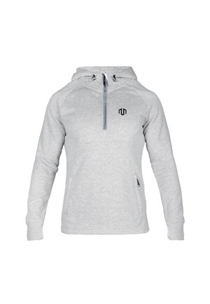 Šviesiai pilka gobtuvinė striukė, pagaminta iš minkštos medžiagos. turi užtrauktuku užsegamą kaklą, raglaninius rankovėmis ir mažą juodą logotipą ant krūtinės. Įeina šoniniai kišeniai.