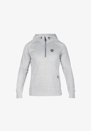 Šviesiai pilka gobtuvinė striukė, pagaminta iš minkštos medžiagos. turi užtrauktuku užsegamą kaklą, raglaninius rankovėmis ir mažą juodą logotipą ant krūtinės. Įeina šoniniai kišeniai.