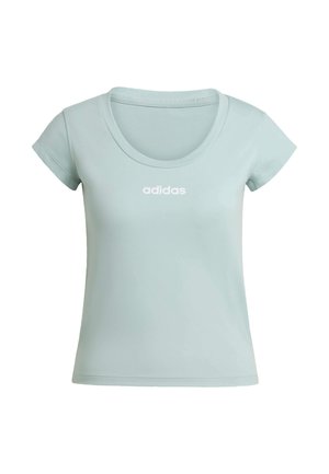 T-shirt Adidas bleu clair à manches courtes avec col rond et logo Adidas blanc centré sur la poitrine.