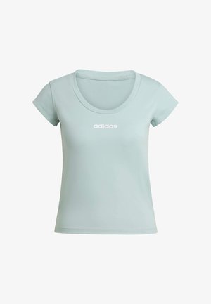 T-shirt Adidas bleu clair à manches courtes avec col rond et logo Adidas blanc centré sur la poitrine.