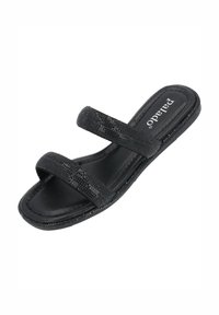 Svart slide-sandal med två texturerade remmar och en slät, vadderad sula med platt fotbädd, designad för komfort och lättanvändning.