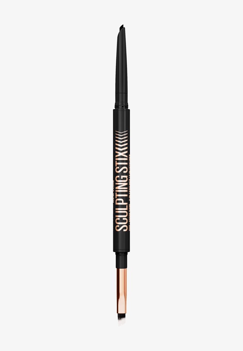 Crayon à sourcils sculptant avec un corps noir, une pointe angulaire et un applicateur en pinceau rose doré. Texture lisse avec un logo sur le côté.