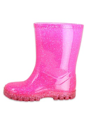 Botte de pluie rose vif pailletée avec semelle texturée, hauteur mi-mollet et finition lisse brillante, inclinée vers la gauche sur fond blanc.
