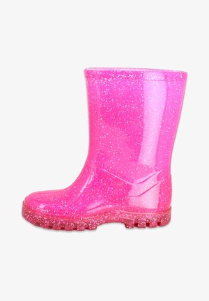 Botte de pluie rose vif pailletée avec semelle texturée, hauteur mi-mollet et finition lisse brillante, inclinée vers la gauche sur fond blanc.