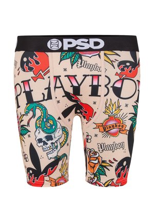 Boxer beige con elastico PSD nero, con disegni in stile tatuaggio di teschi, serpenti, fiamme, rose e la parola Playboy in nero e rosso.