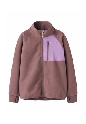 Mauvefarbene Fleecejacke mit durchgehendem Reißverschluss, Daumenlochbündchen und einer hellvioletten, mit Reißverschluss versehenen Brusttasche mit der Aufschrift "DISCOVER".
