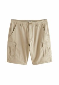Beige cargo shorts made of cotton, featuring two side pockets, two larger side pockets, and a button closure at the waist.