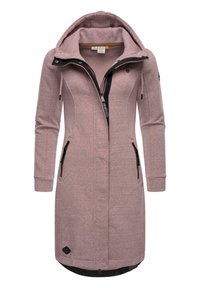 Long pink hooded jacket with a textured finish, featuring a front zipper, side pockets with zippers, and black accents on the collar and pockets.