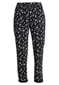 Pantalon noir avec un motif de palmier blanc. Fabriqué dans un tissu doux, il possède une taille élastique et une coupe décontractée.