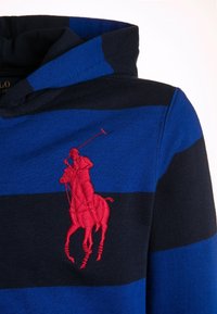 Blå och marinrandig hoodie. Har en broderad röd polo-spelare logotyp. Mjuk material med en hög krage.