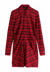 Rotes karierter Hemdblusenkleid mit langen Ärmeln, Kragen und Knopfleiste vorne. Verfügt über schwarze und gelbe Akzente im Karo-Muster. Strukturierter Stoff.