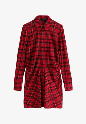 Red plaid shirt dress with long sleeves, collar, and button front. Features black and yellow accents in the check pattern. Textured fabric.