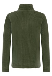 Olijfgroen corduroy pullover met een hoge kraag, voorzien van een verticale ribbeltextuur en lange mouwen, zonder zichtbare sluitingen of patronen.