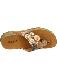 Brown leather slide sandal with multicolored metallic dot accents on the strap, textured cork sole, and soft suede insole.