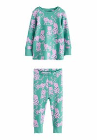 Zweiteilige Schlafanzüge mit mintgrünem Hintergrund und rosa Katzenmustern. Langärmliges Oberteil und enge Leggings, aus weichem Material gefertigt.