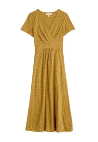 Sukienka w kolorze musztardowym, zapinana w talii, z krótkimi rękawami, w białe kropki oraz marszczoną talią. Lekki materiał z unoszącą się spódnicą.