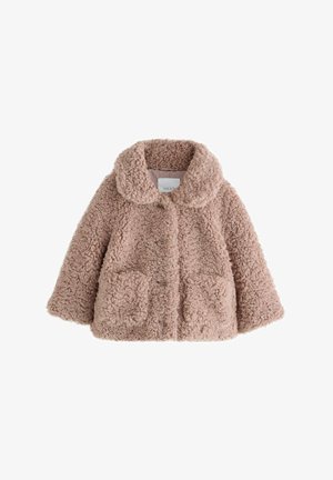 Pehmeä vaaleanpunainen teddy-takki, jossa on pyöreä kaulus, napitus, pitkät hihat ja kaksi etupuskurilokeroa.